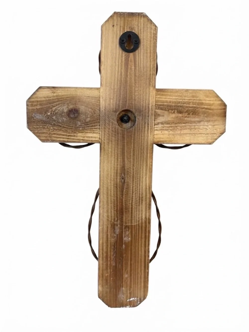 Handcrafted rustic wall cross made from distressed wood and twisted metal wire